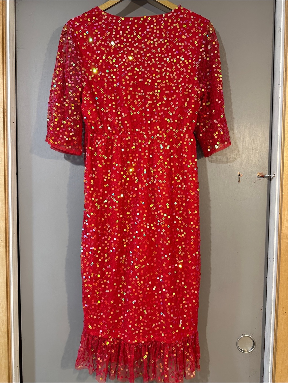 ASOS Red Sequin Midi Dress Size 6 Holiday Party Cocktail Wrap Style - Picture 8 of 10